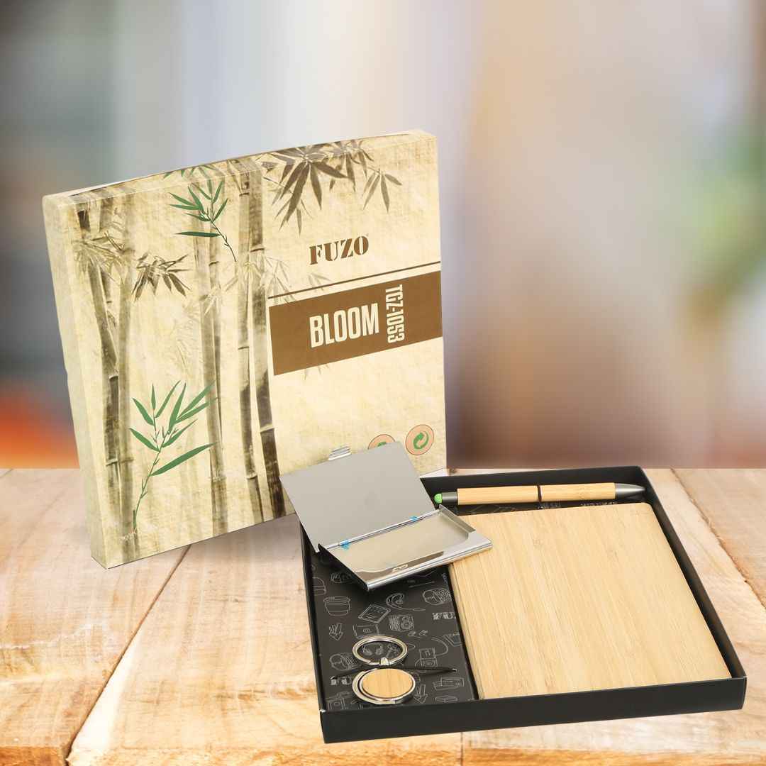 Bloom | Bamboo Notebook + Bamboo Pen + Bamboo Swivel Keychain + Bamboo SS Card Holder | Gift Set | Bok My Gift
