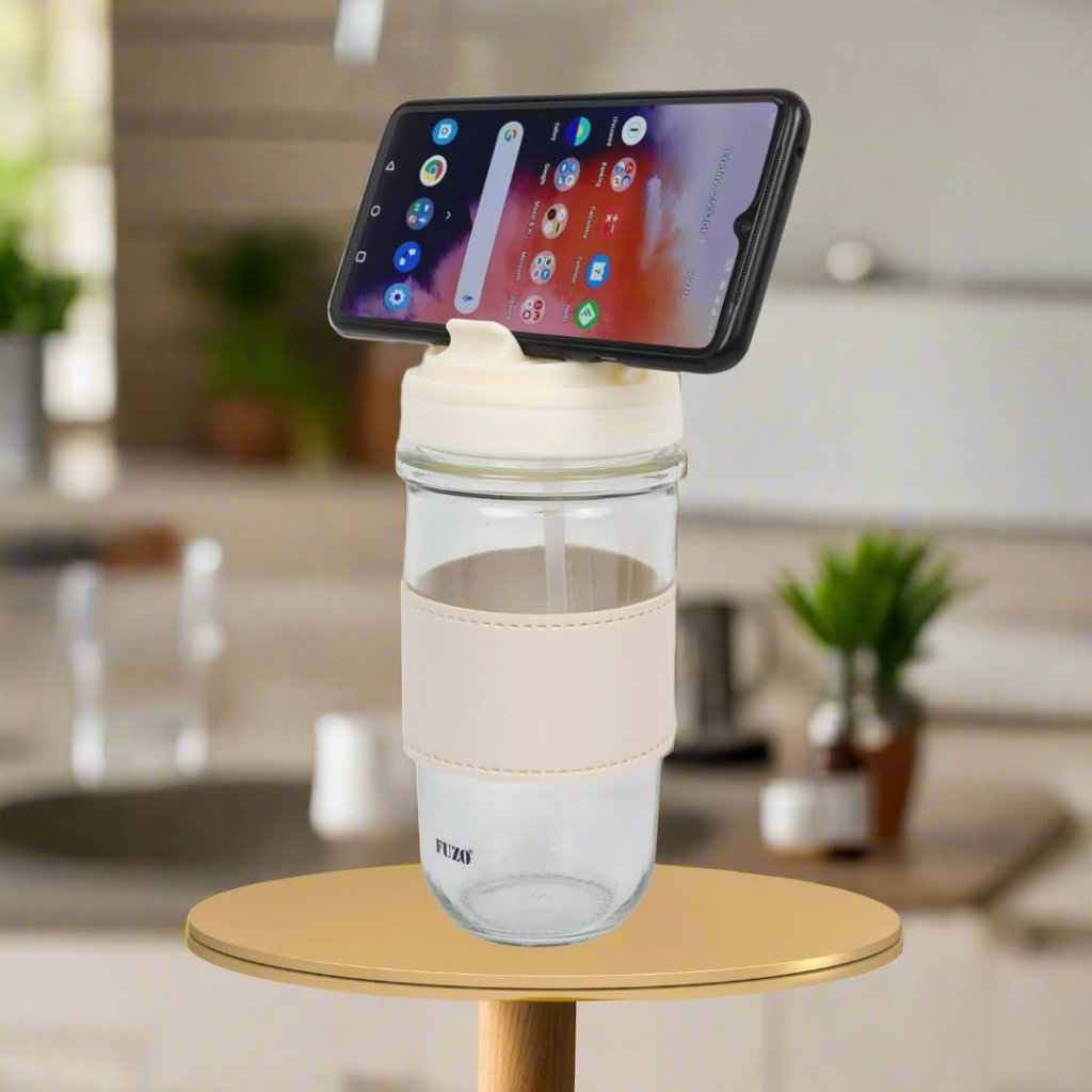 Flipsip | Glass / Mug | Dual Sipper Lid | Secure Mobile Stand | Stylish Leatherette Sleeve | Corporate Gift | Book My Gift